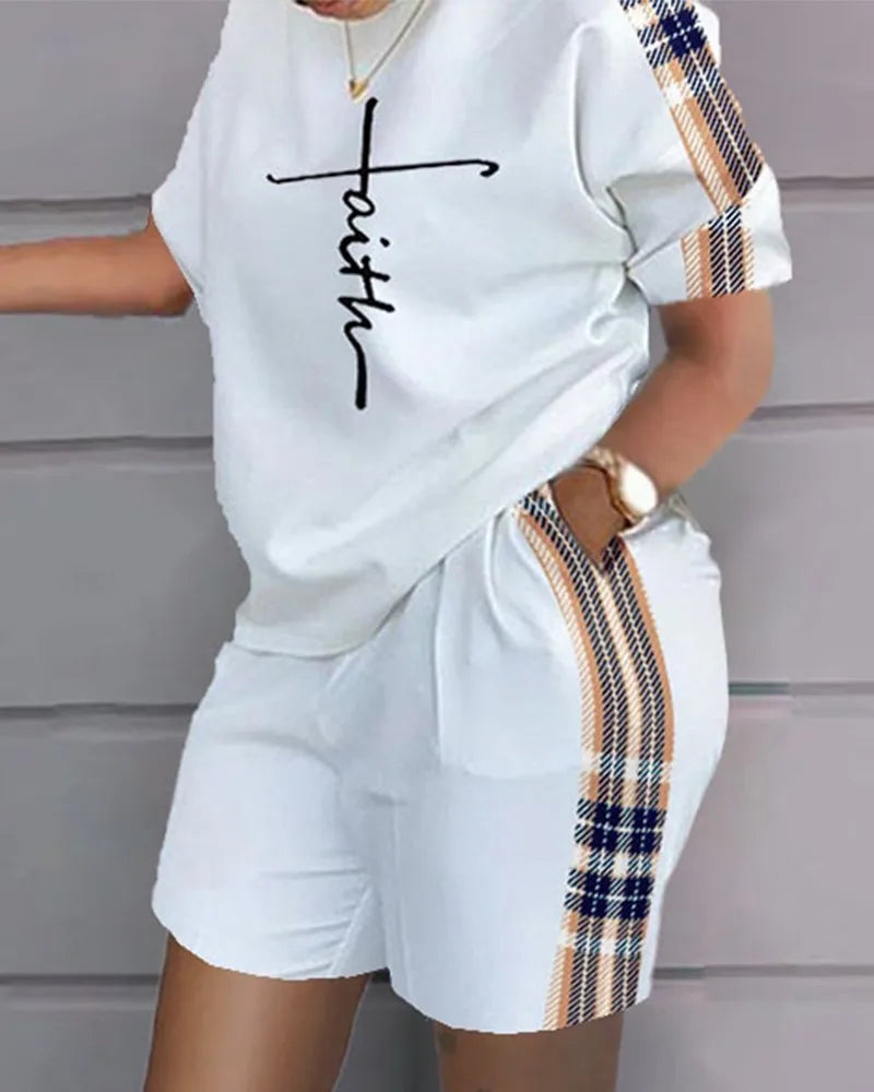 Women's T-shirt+Hot Pants Two Piece Set Fashion Casual Printing Quick