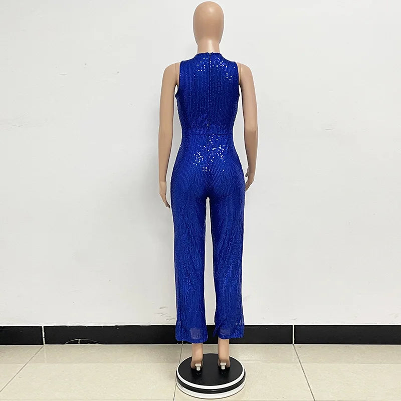 Sleeveless Sequined Jumpsuit Round Neck Slim Fit High Waist Sexy Sprin