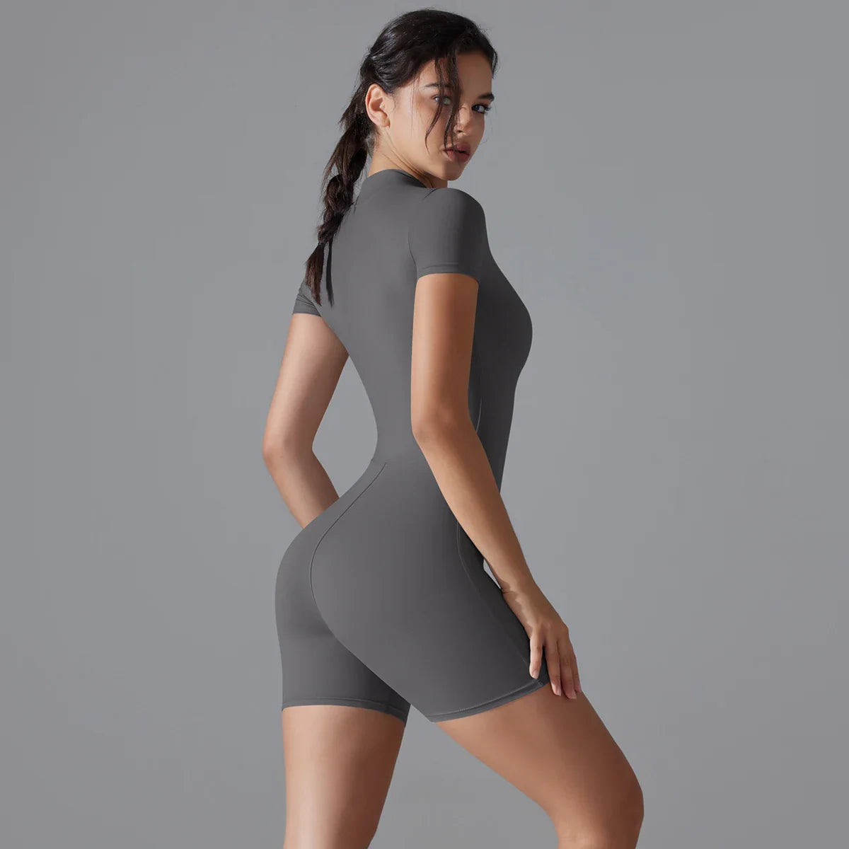 Rompers One-Piece Suit Zipper Short Sleeve Push Up Workout Clothes BodSPECIFICATIONSBrand Name: RooftrellenAge: MIDDLE AGEMaterial: SPANDEXMaterial: NylonElasticity: High StrecthFabric Type: NylonStyle: Office LadyHign-concerned ChemicDMEwomenstorenull