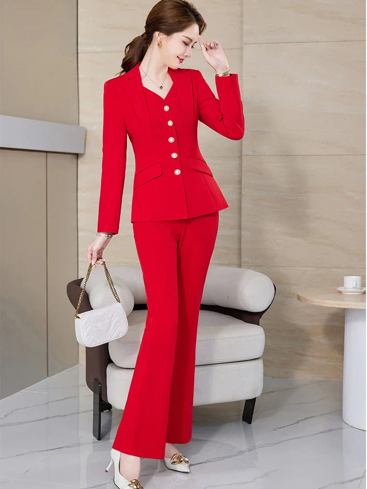 Fashion White Red Black Blazer Jacket And Pant Suit Trousers Women 