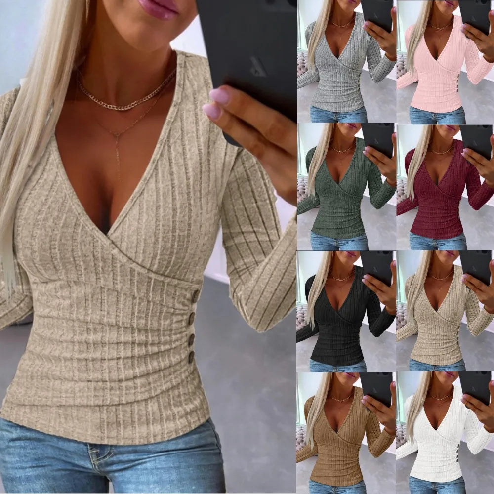 Elegant Deep V-neck Long-sleeved Slim Knitted Top For Women FashionablSPECIFICATIONSBrand Name: owner girlwhether full opening: NoClothing Length: regularMaterial: POLYESTERDecoration: noneClosure Type: NoneCollar: V-NeckElasticity: SlDMEwomenstorenull