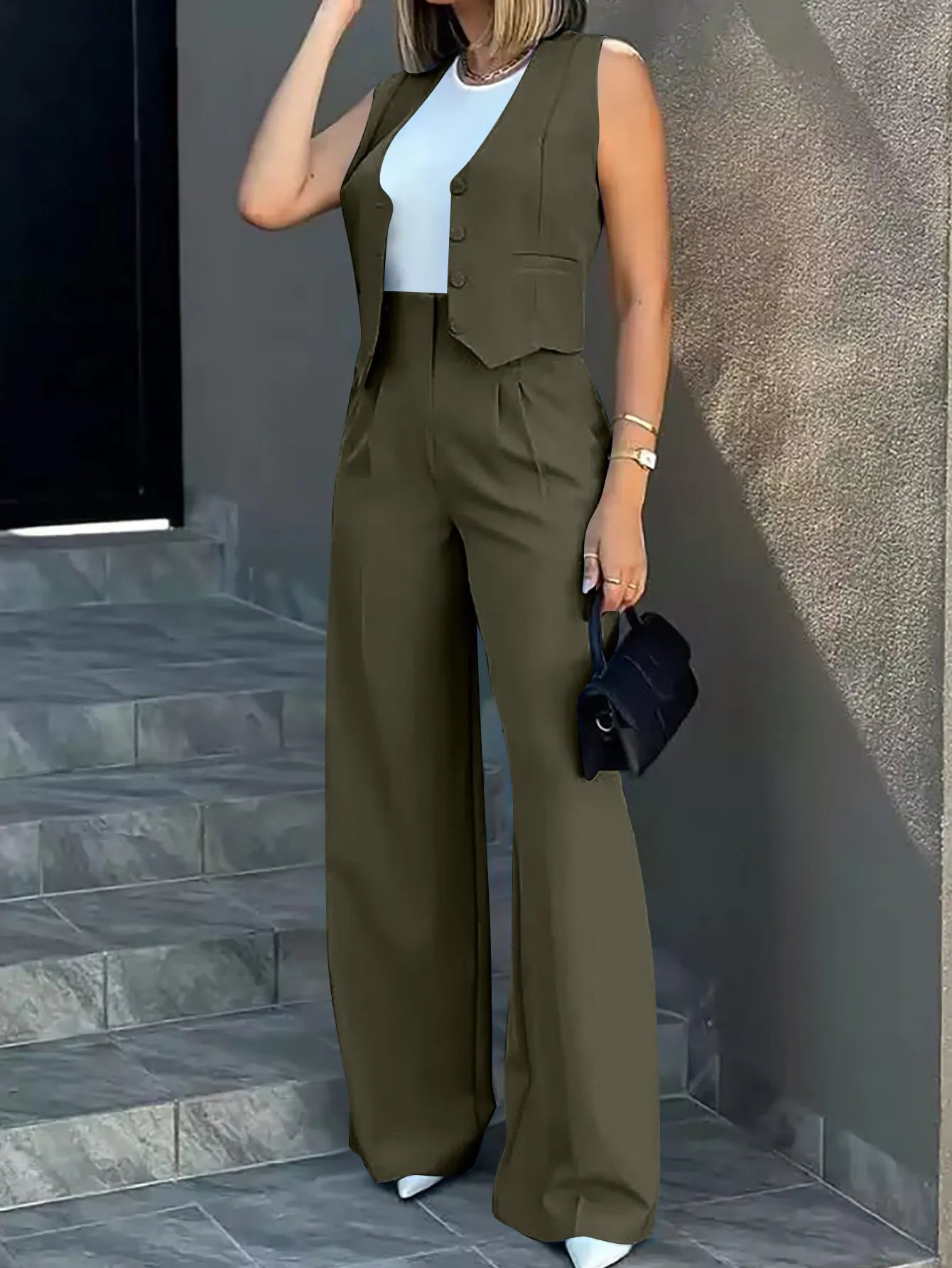 Women's casual slim notched cardigan blazer with waistcoat and high ankle-length pants set in olive green.