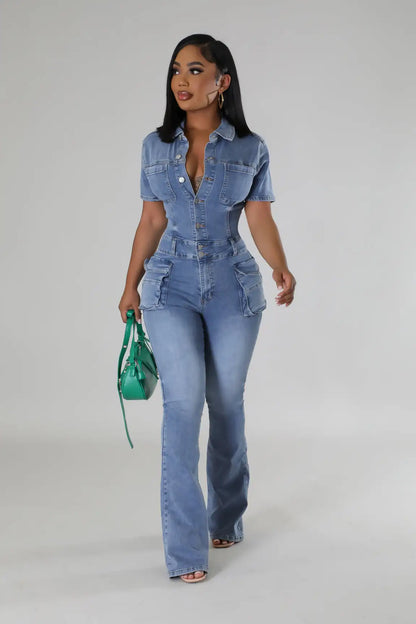 Jeans Jumpsuit Sexy Women Turn Down Collar Elegant Denim Casual Romper