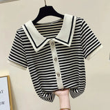 Sweater-Pullover Doll Neck New Patchwork Button Striped Ice Silk Short