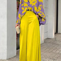 2-Pieces Set Print Blouse Solid High Waist Wide Leg Pants Elegant Lady