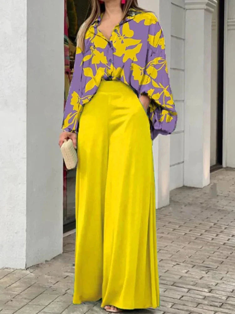 2-Pieces Set Print Blouse Solid High Waist Wide Leg Pants Elegant Lady