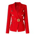 Luxury red women's double-breasted blazer with gold buttons and pockets.