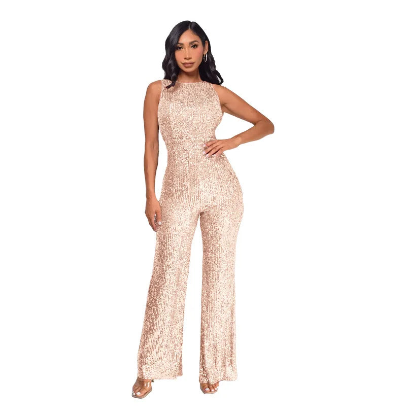 Sleeveless Sequined Jumpsuit Round Neck Slim Fit High Waist Sexy Sprin