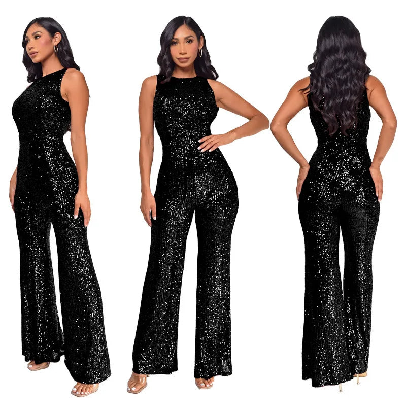 Sleeveless Sequined Jumpsuit Round Neck Slim Fit High Waist Sexy Sprin