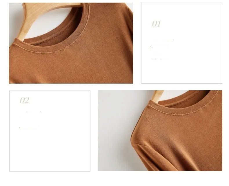 Wool Soft Long Sleeve T-shirts Women Round Neck Slim Fit Basic HeatingSPECIFICATIONSBrand Name: Y DemoStyle: Office LadyAge: MIDDLE AGEOrigin: Mainland ChinaCN: ZhejiangSeason: Autumn/WinterClothing Length: regularDecoration: noneElastDMEwomenstorenull