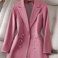 Triple-breasted pink blazer with notched collar and full sleeves.