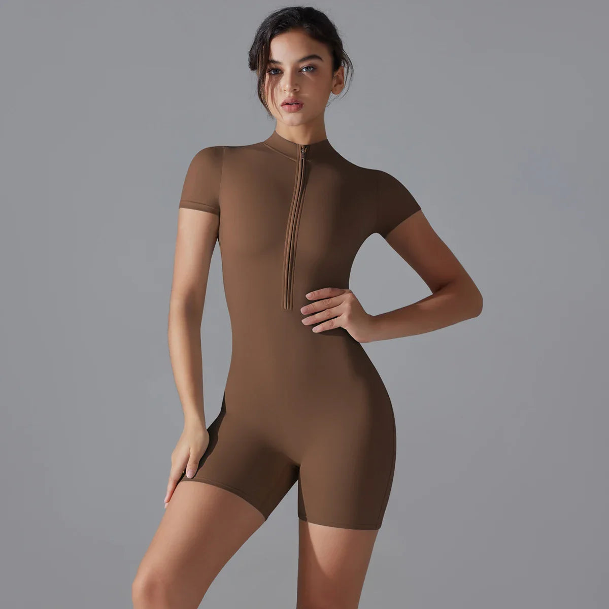 Rompers One-Piece Suit Zipper Short Sleeve Push Up Workout Clothes BodSPECIFICATIONSBrand Name: RooftrellenAge: MIDDLE AGEMaterial: SPANDEXMaterial: NylonElasticity: High StrecthFabric Type: NylonStyle: Office LadyHign-concerned ChemicDMEwomenstorenull