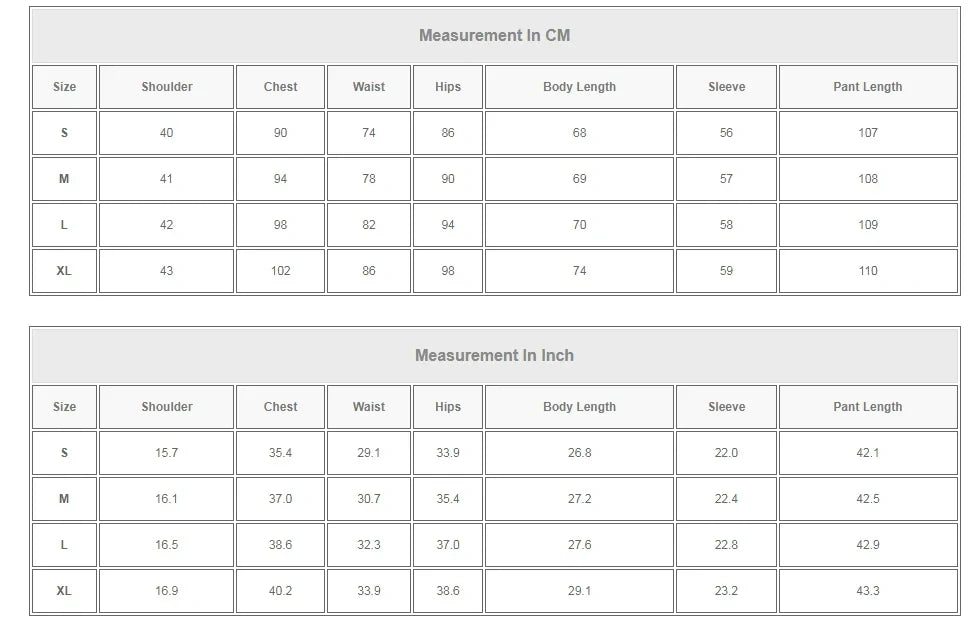 Size chart for women's two-piece suits with measurements in centimeters and inches.