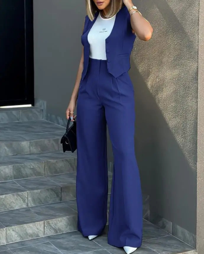 Women's casual slim notched blazer pant set, sleeveless with high-waisted pants in solid blue.