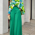 2-Pieces Set Print Blouse Solid High Waist Wide Leg Pants Elegant Lady