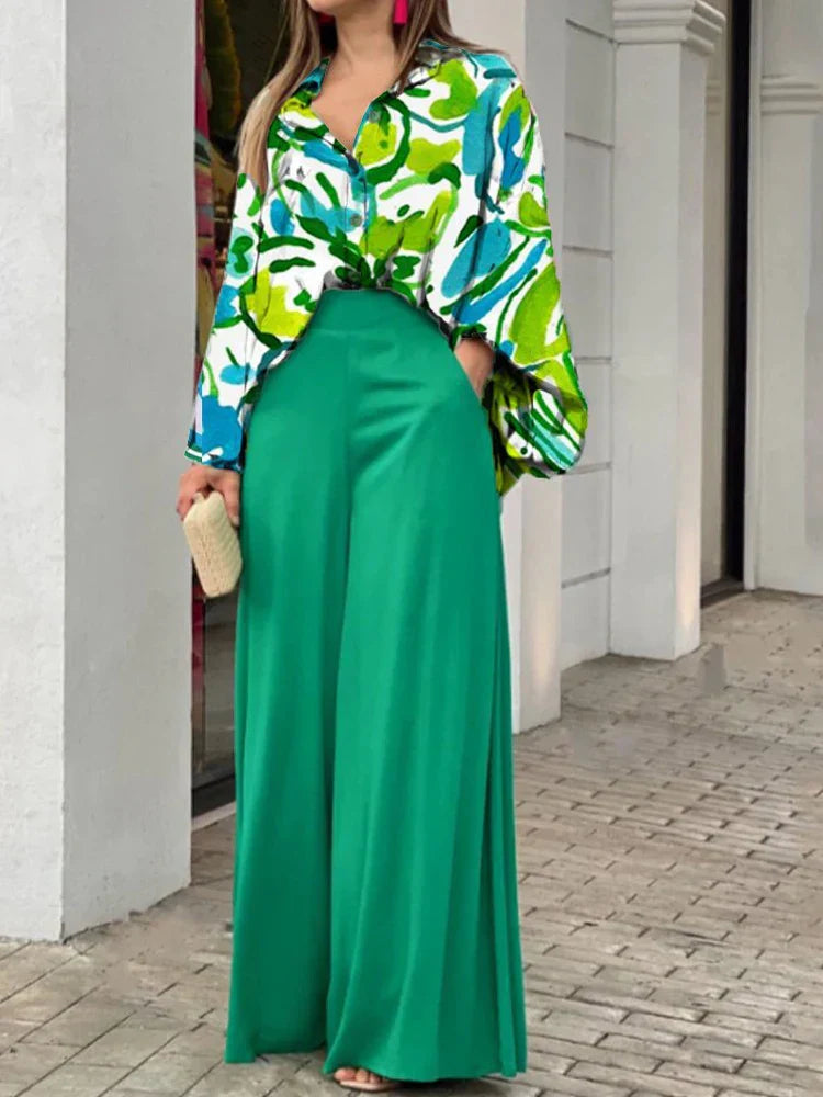 2-Pieces Set Print Blouse Solid High Waist Wide Leg Pants Elegant Lady