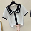 Sweater-Pullover Doll Neck New Patchwork Button Striped Ice Silk Short