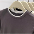 Contrasting Splicing Long Sleeved Round Neck T-shirt Base Shirt Warm TSPECIFICATIONSBrand Name: NoEnName_NullStyle: Office LadyAge: MIDDLE AGEOrigin: Mainland ChinaCN: GuangdongSeason: Autumn/WinterClothing Length: regularDecoration: PDMEwomenstorenull