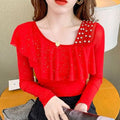 Sweet Skew Collar Spliced Gauze Ruffles Beading Blouse Female ClothingSPECIFICATIONSBrand Name: COZOKStyle: SweetElasticity: Slight StrechOrigin: Mainland ChinaSeason: Spring/SummerFabric Type: blendedMaterial: POLYESTERPattern Type: SDMEwomenstorenull