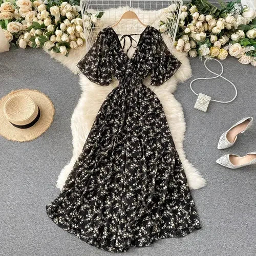 Floral Print Ruffle Chiffon Elegant Midi Dress A-line V Neck Beach VacSPECIFICATIONSBrand Name: unidanceElasticity: Non StrechSleeve Style: regularFabric Type: POLYESTERHign-concerned Chemical: NonePattern Type: PrintFit Type: SlimSilhDMEwomenstorenull