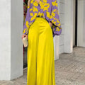 2-Pieces Set Print Blouse Solid High Waist Wide Leg Pants Elegant Lady