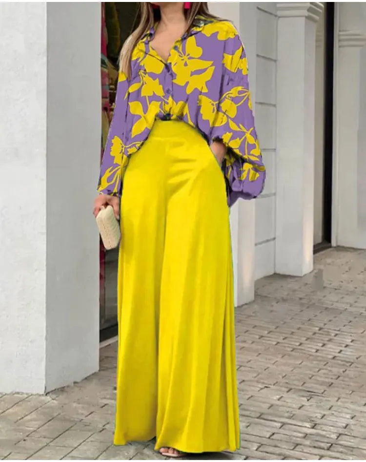 2-Pieces Set Print Blouse Solid High Waist Wide Leg Pants Elegant Lady