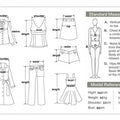 Size chart illustrating standard measurements for women's blazer and skirt suit.