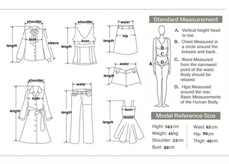 Size chart illustrating standard measurements for women's blazer and skirt suit.