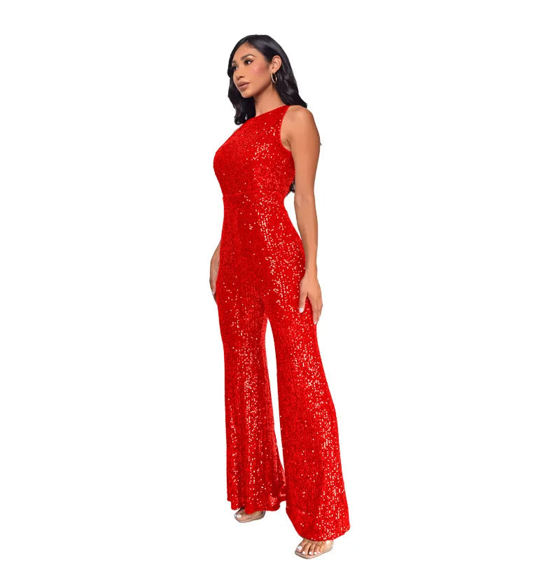 Sleeveless Sequined Jumpsuit Round Neck Slim Fit High Waist Sexy Sprin