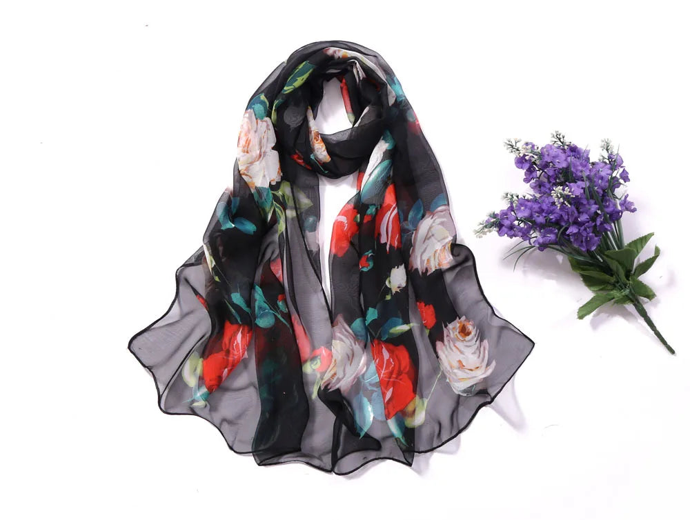 Scarf Women Foulard Shawl Bandana Elegant Beach Sun ProtectionSPECIFICATIONSDepartment Name: ADULTSize: 50*160cm(1cm=0.39in)pattern: RoseApply to season: Spring,Autumn,summerStyle: ElegantColor: Red,Black,Navy blueBrand Name: NDMEwomenstorenull