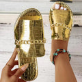 New Gold Metal Chain Peep Toe Slippers Women’s Flat Luxury OutdoorSPECIFICATIONSBrand Name: shijunyiShoes Type: Flip FlopsApplicable Place: OutsideUpper Material: PUHeel Height: High (5cm-8cm)Origin: Mainland ChinaCN: ZhejiangSeasoDMEwomenstorenull