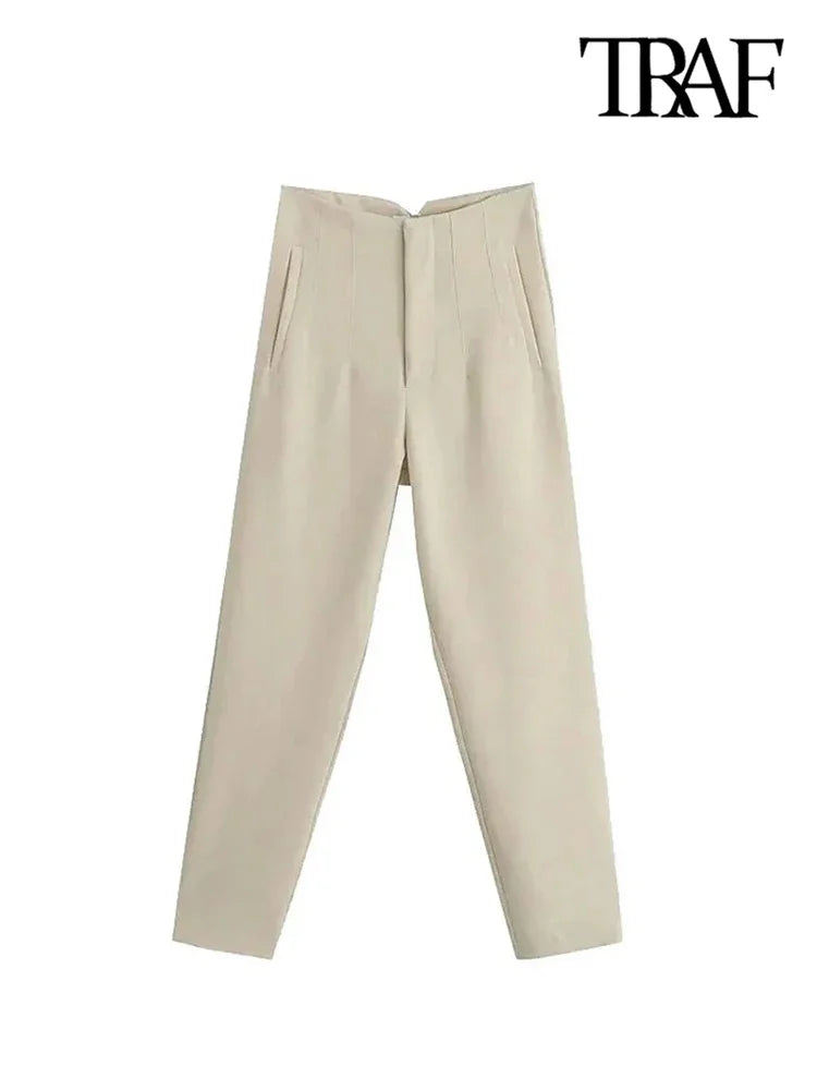 Chic Fashion With Seam Detail Office Wear Pants Vintage High Waist ZipSPECIFICATIONSBrand Name: TRAFStyle: CasualAge: MIDDLE AGEOrigin: Mainland ChinaCN: JiangsuSeason: All seasonWaist Type: highDecoration: noneElasticity: Slight StrecDMEwomenstorenull