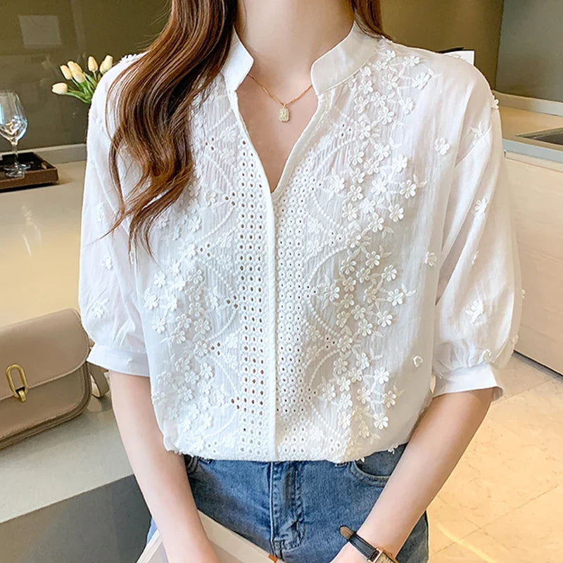 Short Sleeve Women Shirt Embroidery White Shirt V-neck Lantern SleeveSPECIFICATIONSBrand Name: SURE XIAO STORYStyle: vintageElasticity: Non StrechOrigin: Mainland ChinaCN: GuangdongSeason: Spring/SummerFabric Type: BroadclothMaterial:DMEwomenstorenull