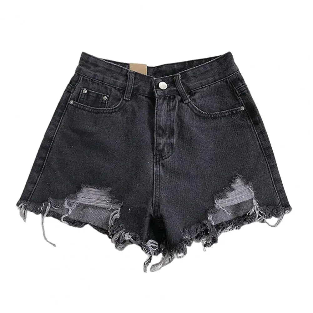 High Waist Denim Shorts for Women A-line Solid Color Ripped Button ZipSPECIFICATIONSBrand Name: SANWOODDecoration: ButtonFabric Type: blendedPant Style: regularPattern Type: SolidFit Type: regularStyle: CasualMaterial: COTTONMaterial: DMEwomenstorenull