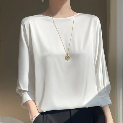 Blouse- Silk Half-Sleeve Tops Basic Solid Women Shirt Casual O-neck