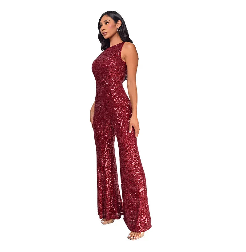 Sleeveless Sequined Jumpsuit Round Neck Slim Fit High Waist Sexy Sprin