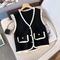 Vest Sweater Women Clothing V-neck Ruffles Single Breasted Vintage WaiSPECIFICATIONSBrand Name: JoinYouthStyle: vintageAge: JUNIOROrigin: Mainland ChinaCN: AnhuiSeason: Autumn/WinterThickness: StandardDecoration: ButtonMaterial: POLYESDMEwomenstorenull