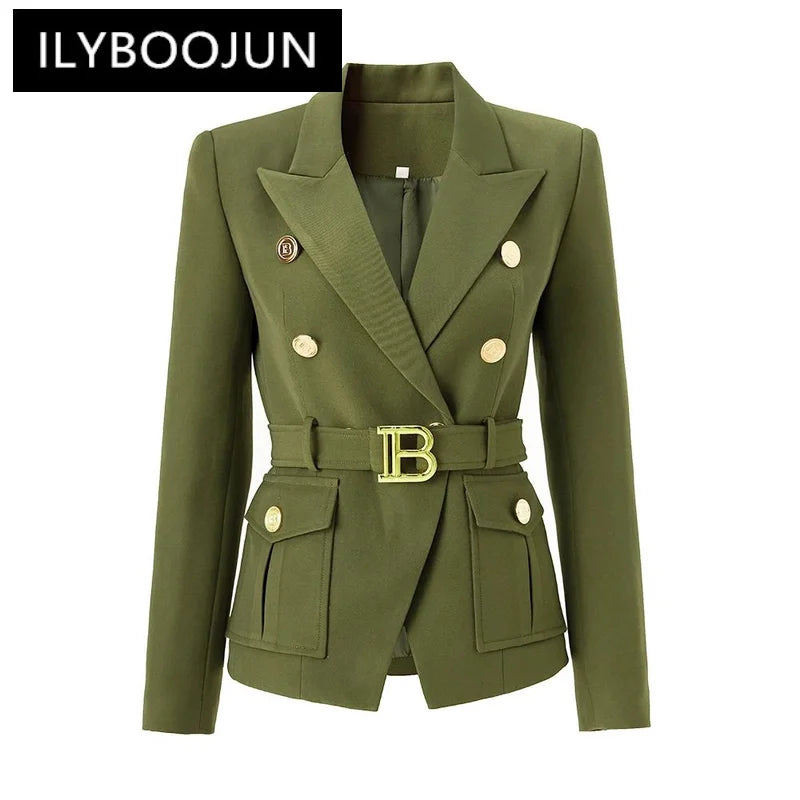 Luxury classic style women's blazer in olive green with double-breasted closure and belt.