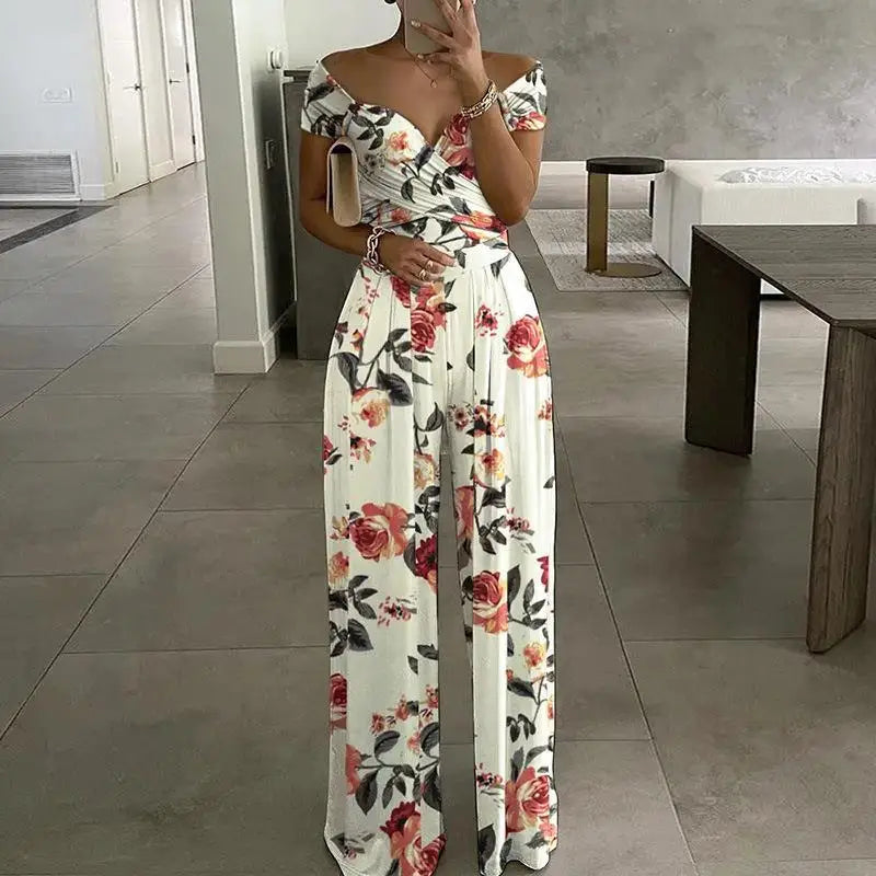 Fashion Printed Casual High Waist Jumpsuit Ladies Sexy Off Shoulder FlSPECIFICATIONSBrand Name: NoEnName_NullStyle: StreetwearAge: MIDDLE AGECraft of Weaving: TATOrigin: Mainland ChinaCN: GuangdongSeason: SummerMaterial: POLYESTERMaterDMEwomenstorenull