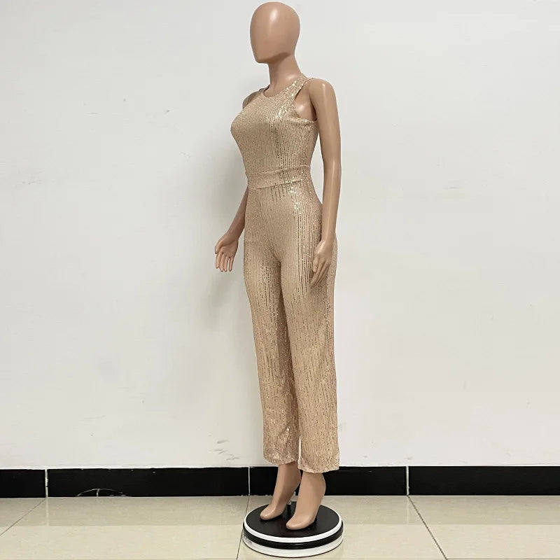 Sleeveless Sequined Jumpsuit Round Neck Slim Fit High Waist Sexy SprinSPECIFICATIONSBrand Name: mandylandyStyle: StreetwearAge: MIDDLE AGEOrigin: Mainland ChinaCN: GuangdongSeason: SummerMaterial: POLYESTERDecoration: SequinedFabric TyDMEwomenstorenull