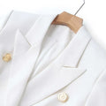 Luxury white double-breasted women's blazer with gold buttons.