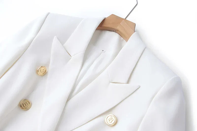 Luxury white double-breasted women's blazer with gold buttons.