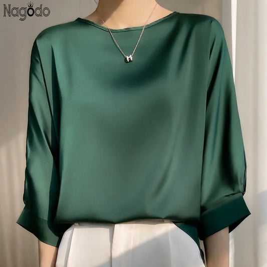 Blouse- Silk Half-Sleeve Tops Basic Solid Women Shirt Casual O-neck