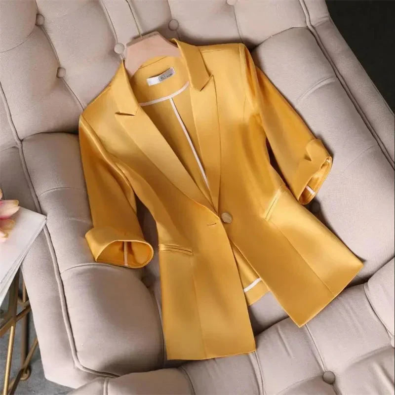 Women's slim waist yellow jacket blazer with cropped sleeves, single-breasted, notched collar, and solid color design for summer.