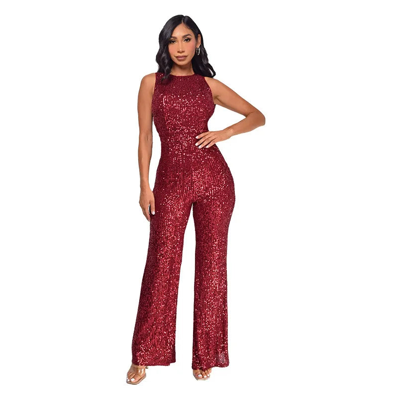 Sleeveless Sequined Jumpsuit Round Neck Slim Fit High Waist Sexy Sprin