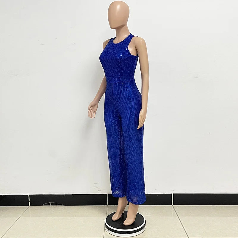 Sleeveless Sequined Jumpsuit Round Neck Slim Fit High Waist Sexy Sprin