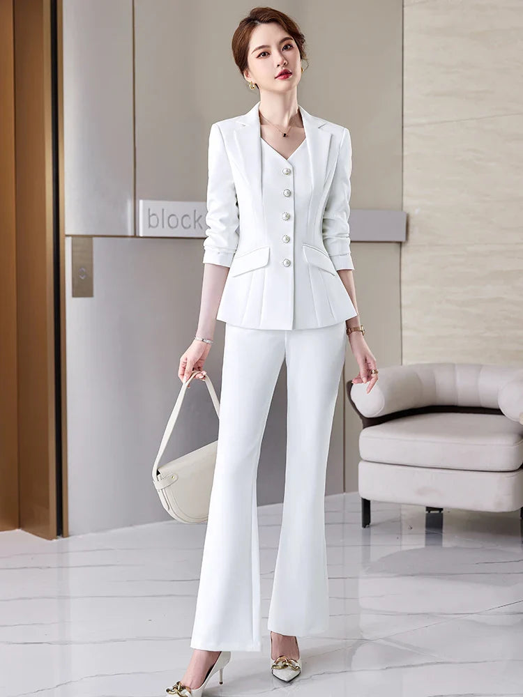 Fashion White Red Black Blazer Jacket And Pant Suit Trousers Women 