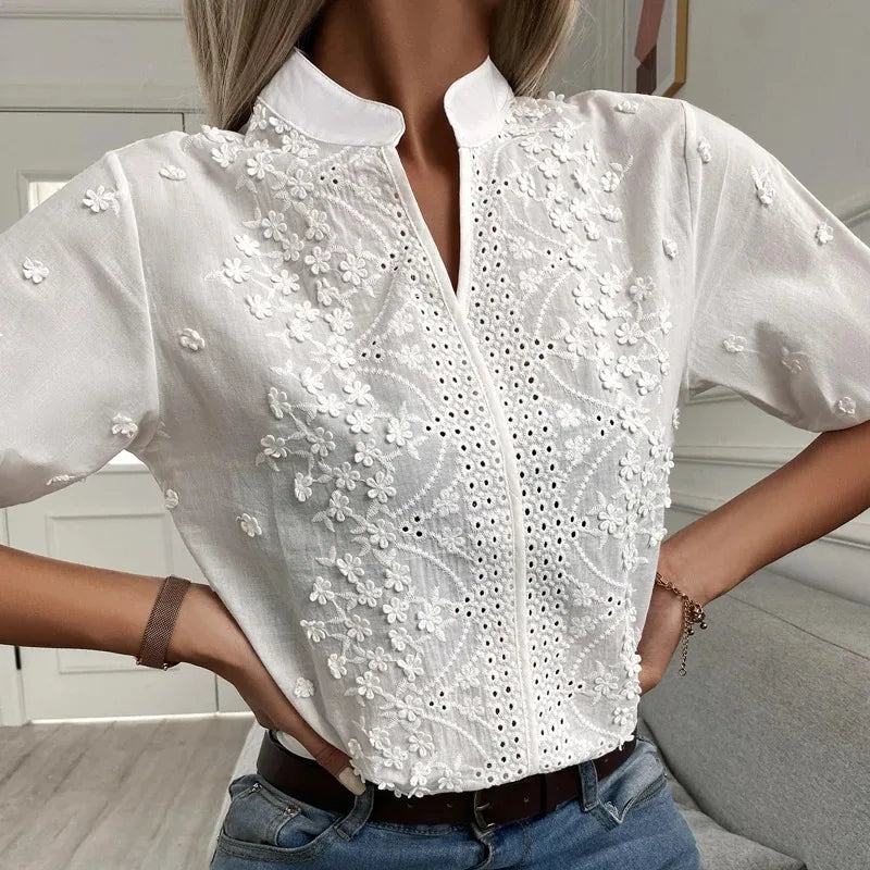 Short Sleeve Women Shirt Embroidery White Shirt V-neck Lantern SleeveSPECIFICATIONSBrand Name: SURE XIAO STORYStyle: vintageElasticity: Non StrechOrigin: Mainland ChinaCN: GuangdongSeason: Spring/SummerFabric Type: BroadclothMaterial:DMEwomenstorenull