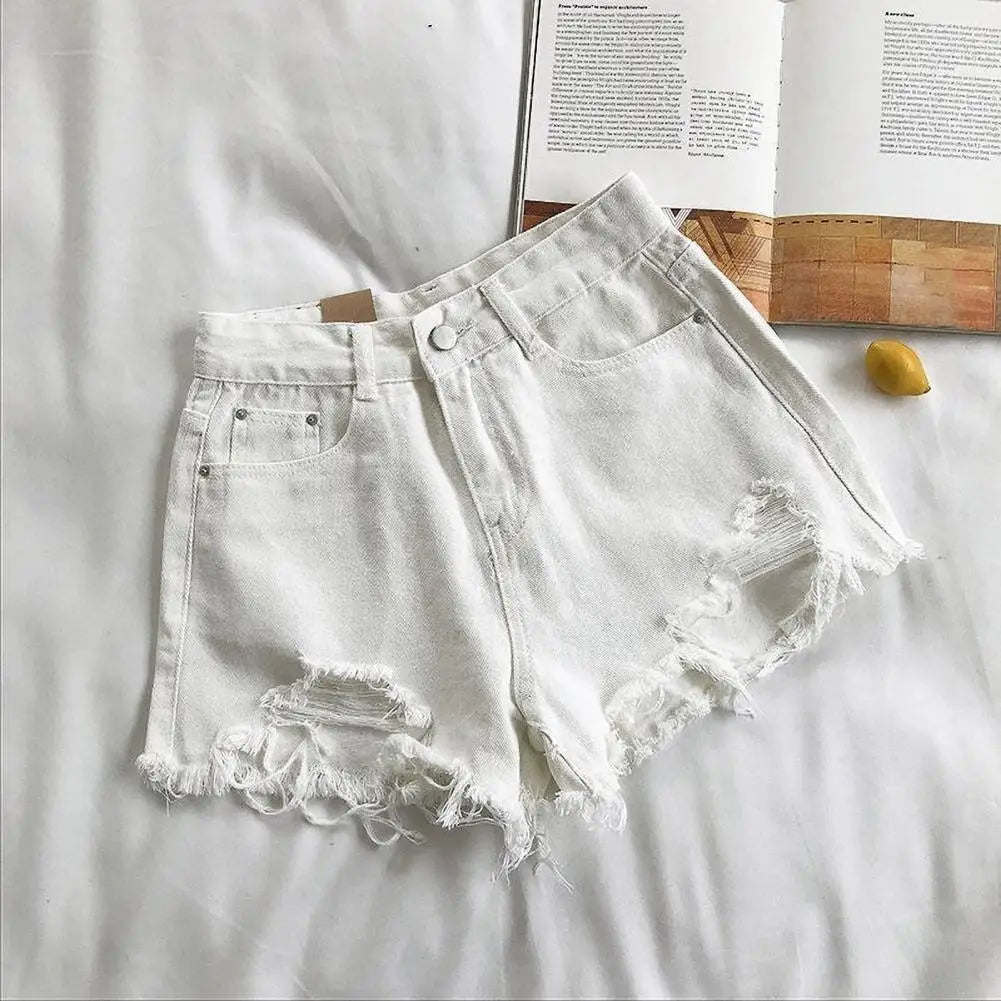 High Waist Denim Shorts for Women A-line Solid Color Ripped Button ZipSPECIFICATIONSBrand Name: SANWOODDecoration: ButtonFabric Type: blendedPant Style: regularPattern Type: SolidFit Type: regularStyle: CasualMaterial: COTTONMaterial: DMEwomenstorenull