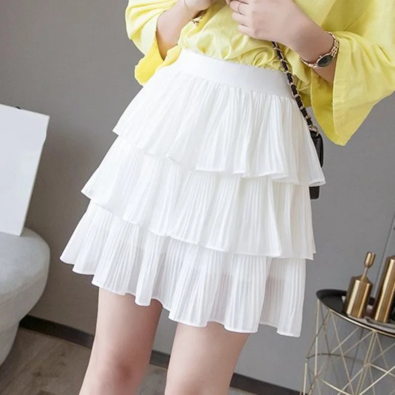 Skirts- Elastic High Waist Sweet Chiffon Ruffled Mini Pleated Skirt